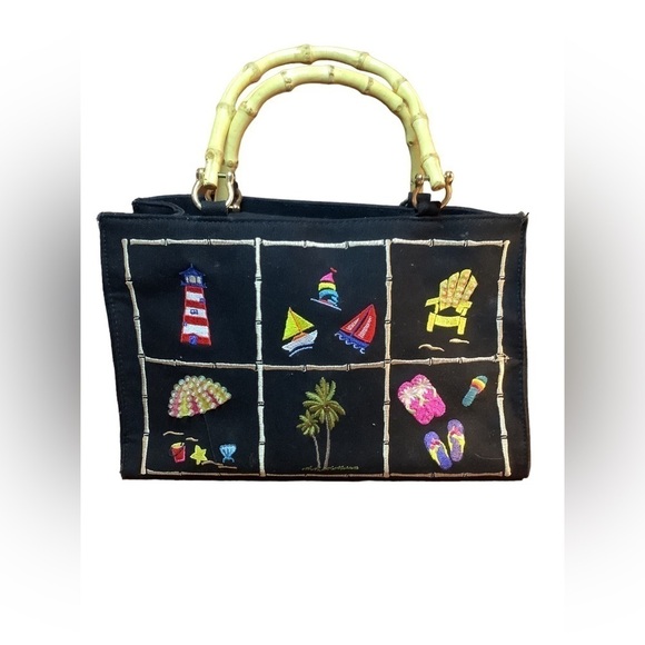 Handbags - Beach Black Purse Embroidered Bamboo Handle Ocean Vacation Vintage Wood